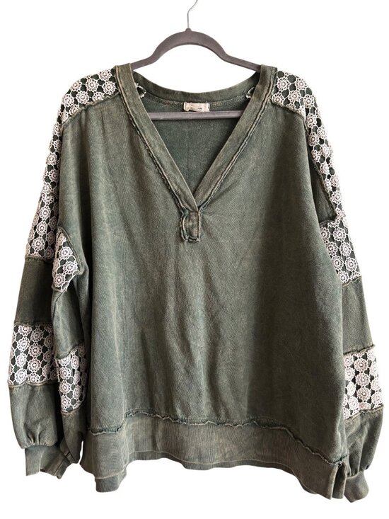 J. Her Tops - J. Her Green Mineral Wash Boho Oversized Sweatshirt With Lace Accent Sleeves